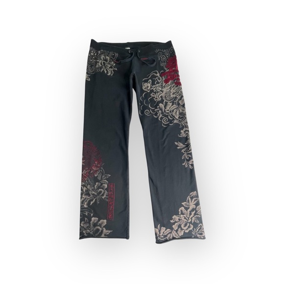 Vintage Y2K: Lucky ☘︎︎ Asian Dragon Red Embroidery Floral Sweatpants ☘︎︎ Black S - Picture 3 of 16